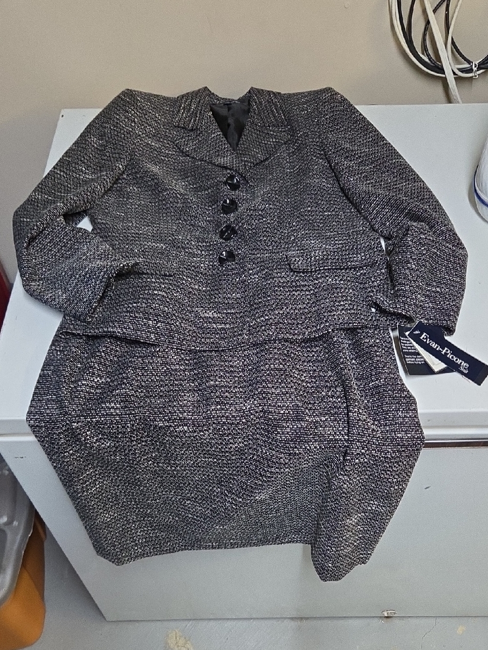 Evan Picone Black and Grey Tweed Two-Piece Blazer Skirt Suit Set NWT Sz 12